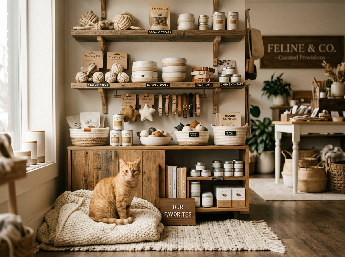 A cat sitting near a neatly organized shelf of curated cat products in a warm shop
