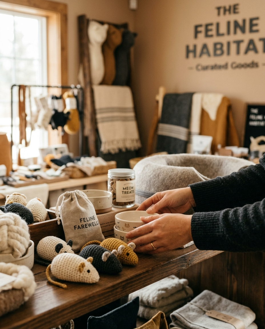 Hands gently organizing curated cat items in a warm boutique shop setting