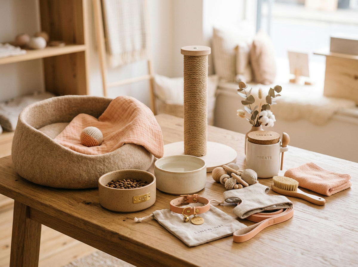 Curated cat essentials neatly arranged on a wooden table in a boutique setting