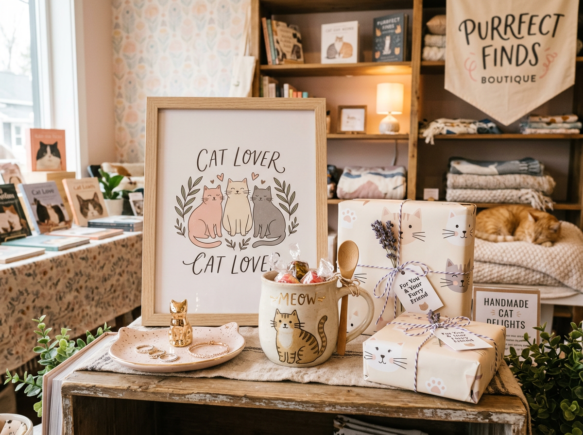 Charming cat-themed gift items including a mug and art print arranged on a table