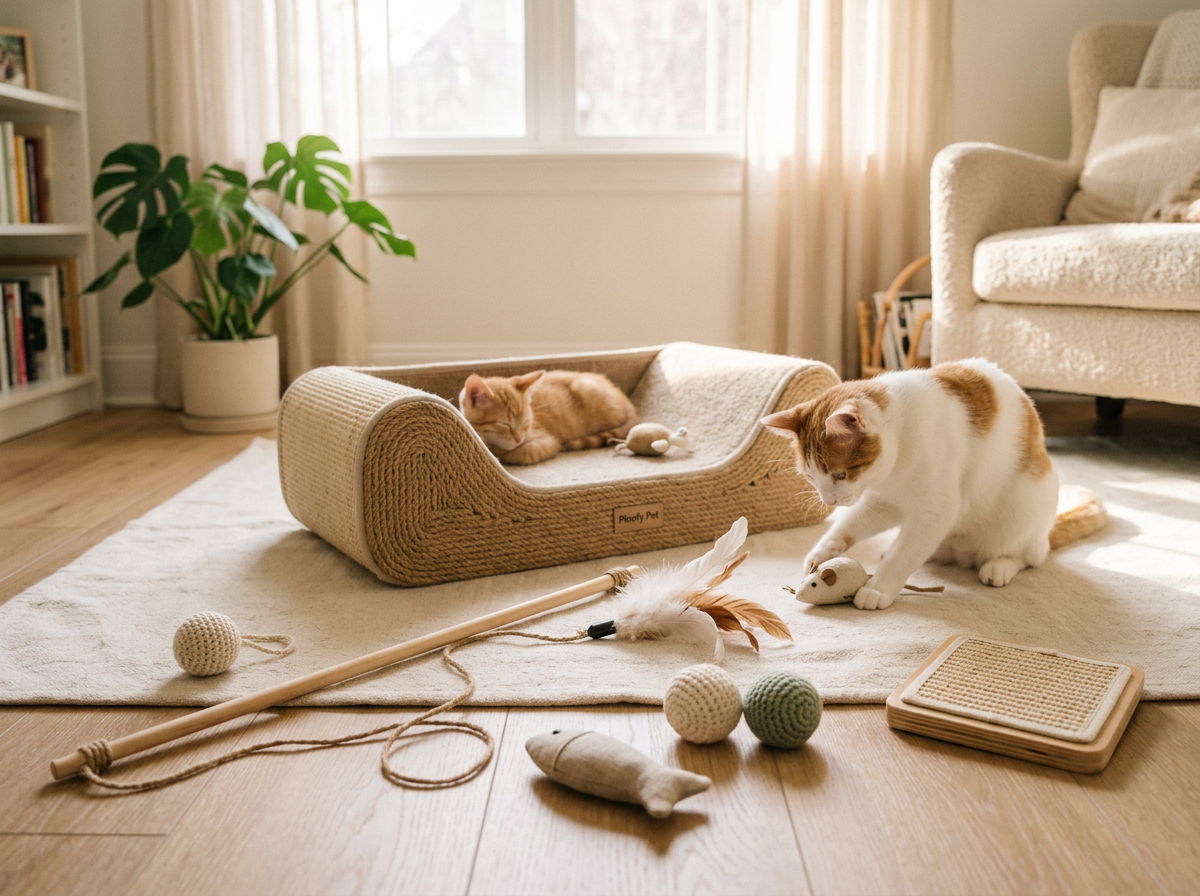Playful cat toys including a feather wand and catnip toy in warm natural light