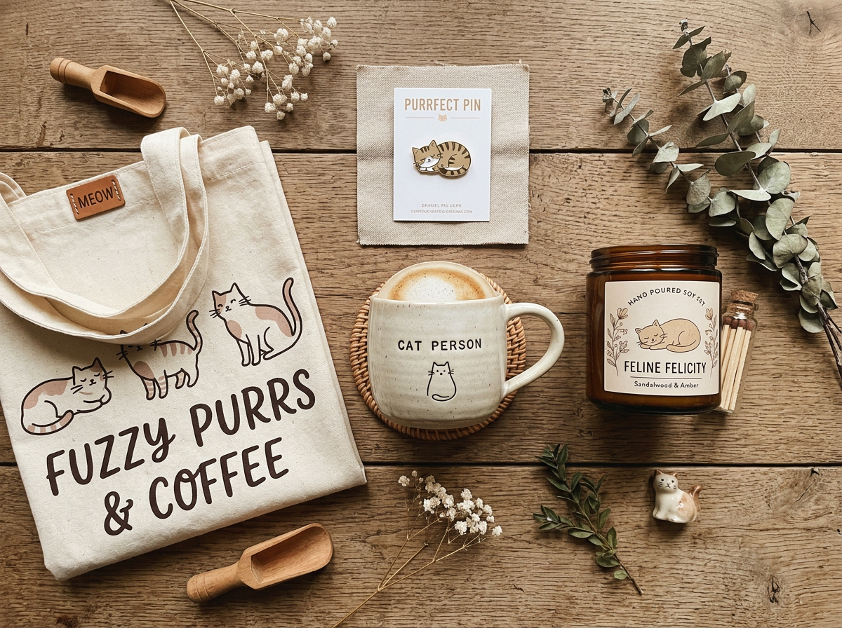 Aesthetic flat lay of cat lover gifts including a mug, tote bag, and enamel pin