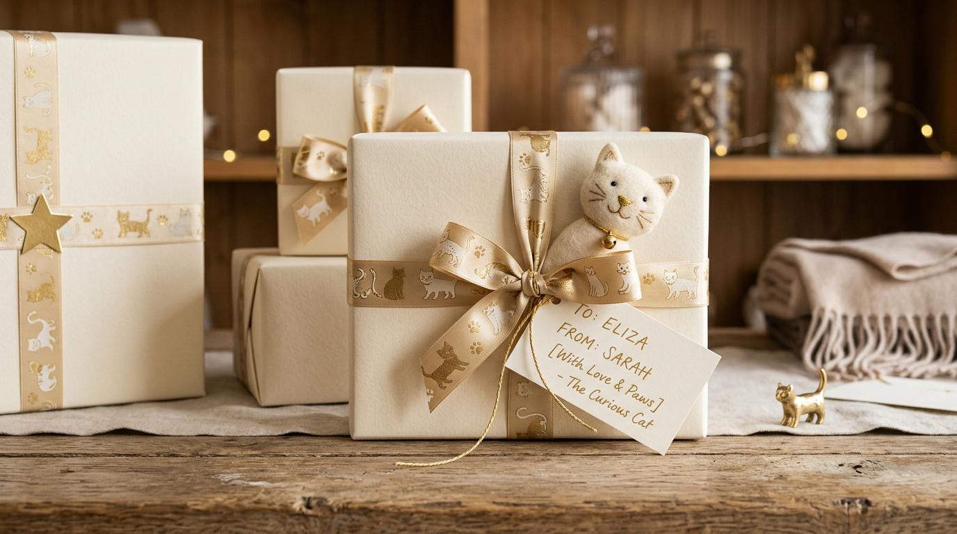 Elegantly wrapped gift box with cat themed ribbon peeking out