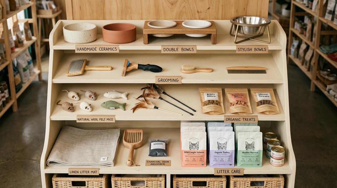 Organized flat lay of curated cat products including bowls and grooming tools